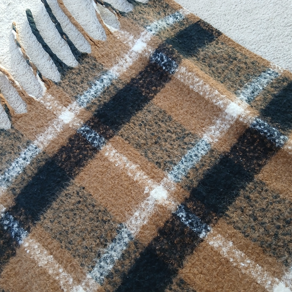 Denver Hayes Cozy Fringe Scarf in Brown, Black, White Plaid - Picture 5 of 7